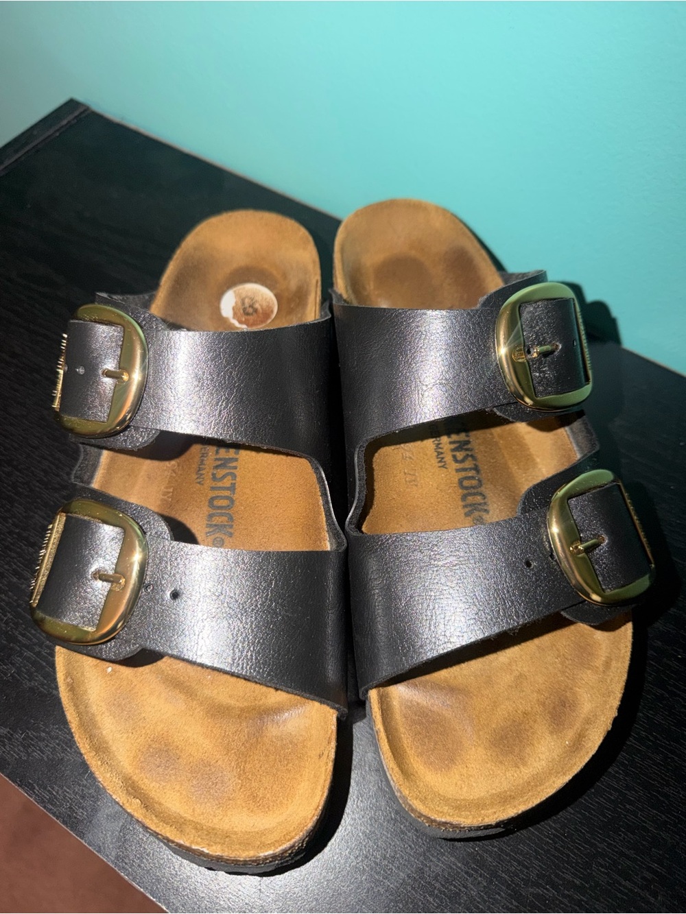 Birkenstock Black Double-Strap Sandals with Gold Buckles